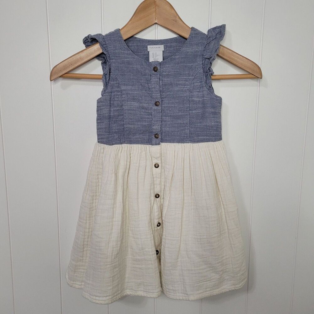 Tahari Girls 2‑Tone Chambray Button Front Dress Size 4T Ruffled Sleeves Summer